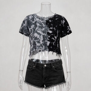Y2K Grunge Tie Dye Crop Top Black Gray Fringe Hem Indie Sleaze Festival Tee XS